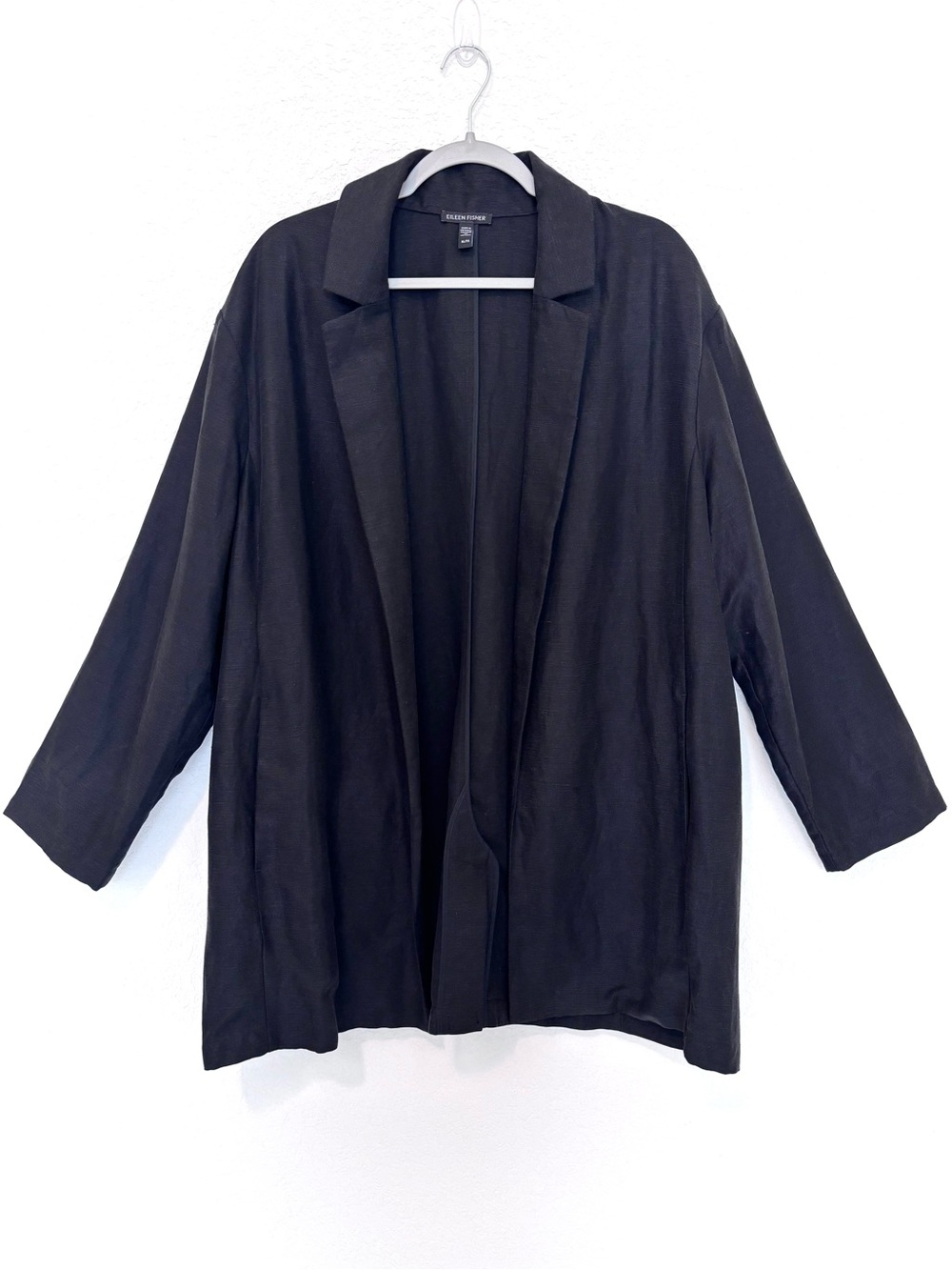 Eileen Fisher Black Lyocell & Linen Slub Open Front Blazer Jacket Women’s XL